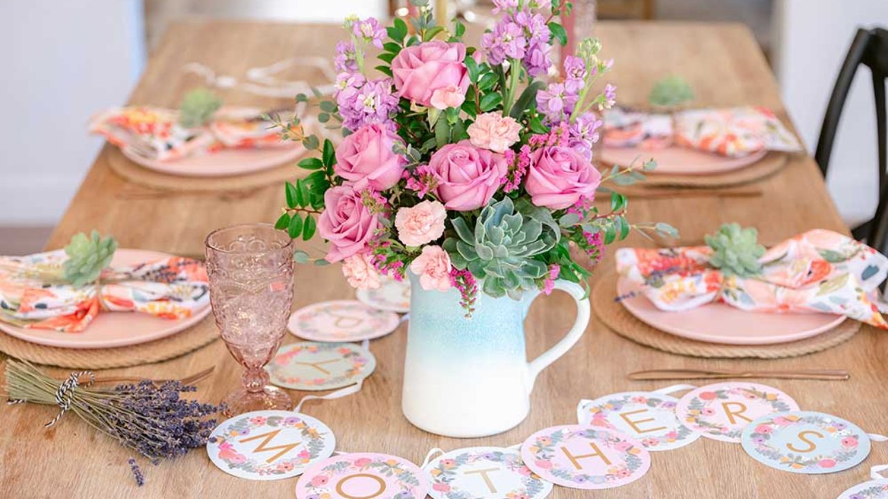 Mother’s Day Tablescape With Beautiful Floral Backdrop